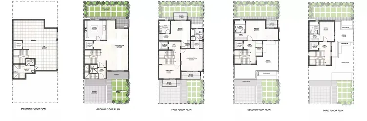 Godrej Evoke Villa Type A floor plans across basement, ground, first, second and third floors.