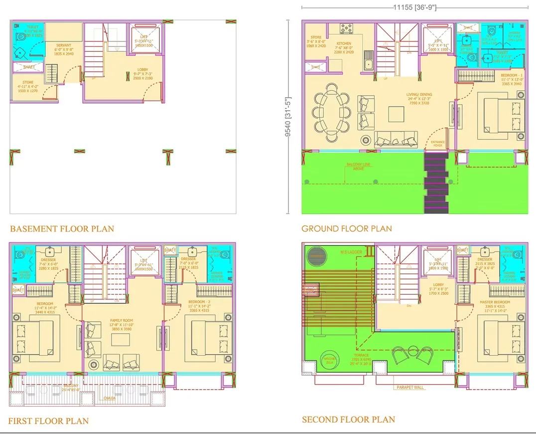 Ajnara Sports City Villas — Basement, ground, first, and second-floor plans for a residential building showing layouts and dimensions.