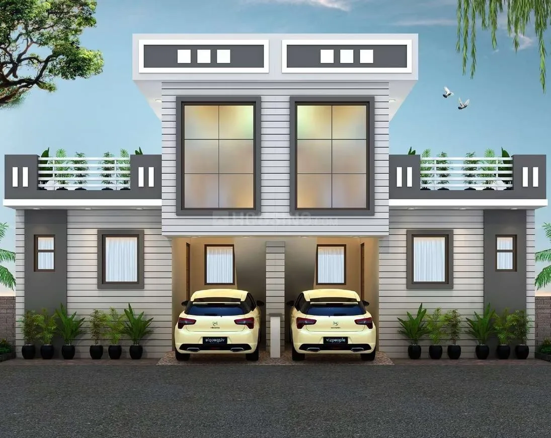 Sahlot Radhe Kunj Villas — Front view of two modern render villas with large windows and integrated car parking.