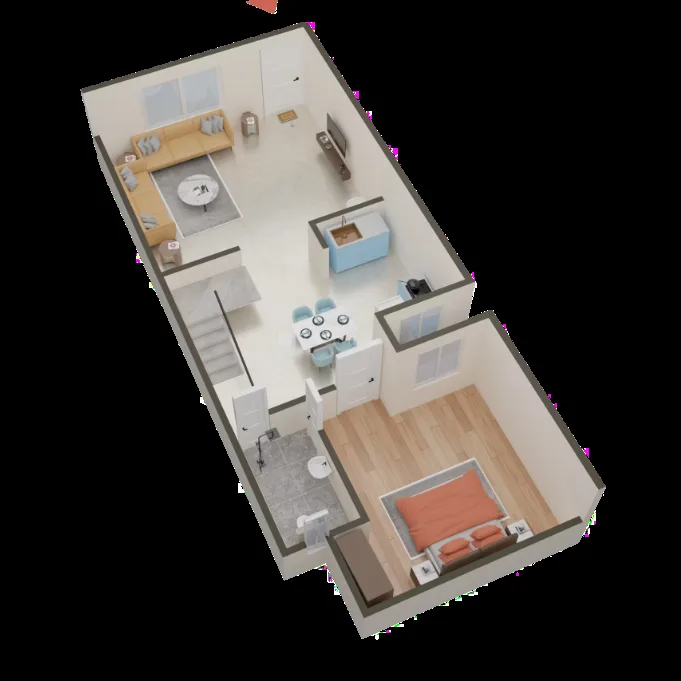 Global Prime Villas — 3D floor plan illustration of a residential unit with living room, dining area, kitchen, bathroom, and bedroom.
