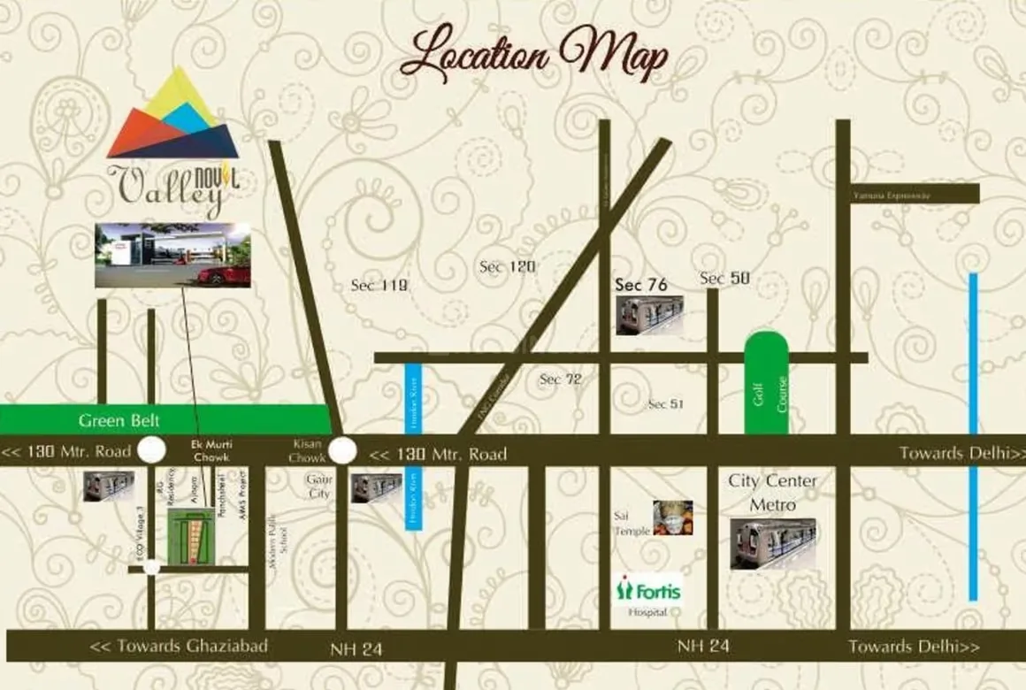 AKJ Real Infra Novel Valley — Location map of "NOUL Valley" project showing nearby roads, sectors, metro stations, a golf course, and a hospital.