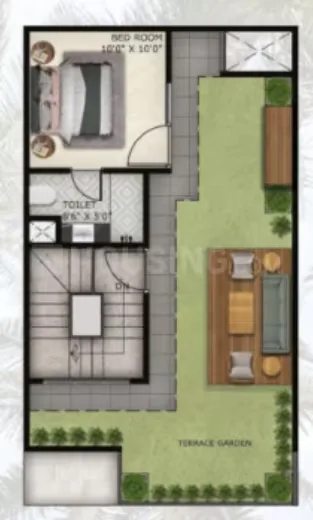 Paradise Palm Villa — Floor plan showing a bedroom, toilet, stairs, and a terrace garden with outdoor furniture.