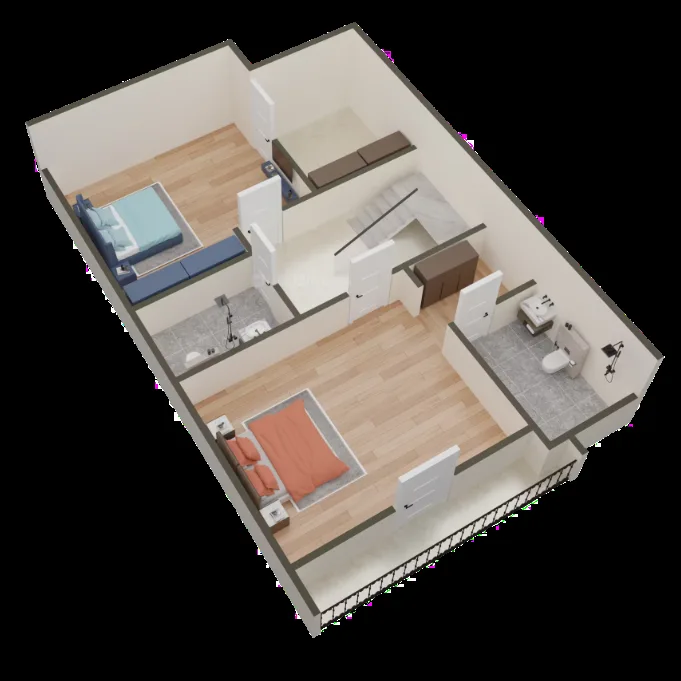 AKJ Real Infra Novel Valley — 3D render of a floor plan showing two bedrooms, a bathroom, and a staircase landing.