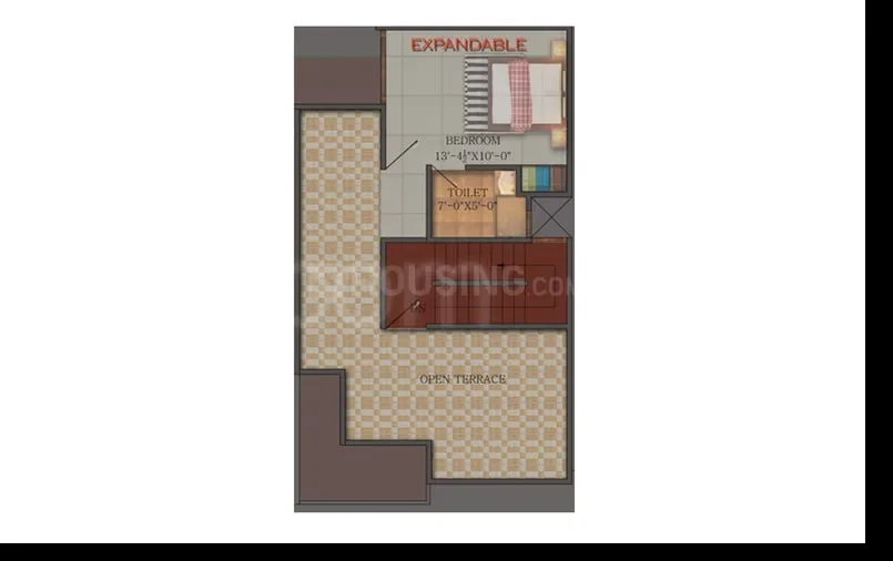 Real Homez Green Villa 2 — Floor plan showing a bedroom, toilet, and open terrace. The bedroom is 13'-4"x10'-0" and the toilet is 7'-0"x5'-0".