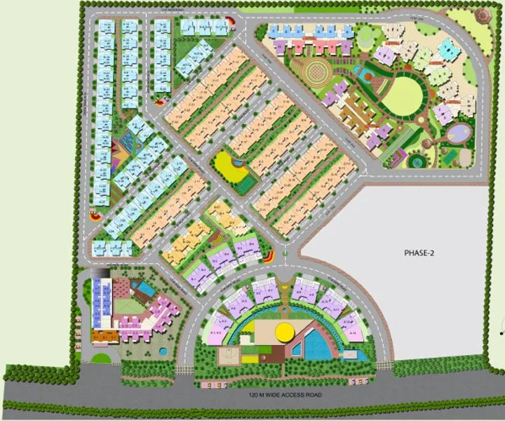 Ajnara Panorama Phase 2 Villas — Top-down view of a colorful siteplan with residential buildings, roads, green spaces, and a Phase-2 area.