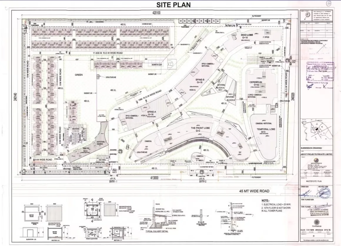 Intellicity Phase I — A detailed site plan drawing with roads, buildings, green spaces, and various labels for a residential project.