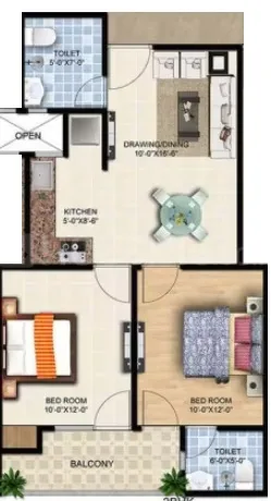 Rudransh Green Vista — Floor plan showing two bedrooms, two toilets, a kitchen, a drawing/dining area, and a balcony.