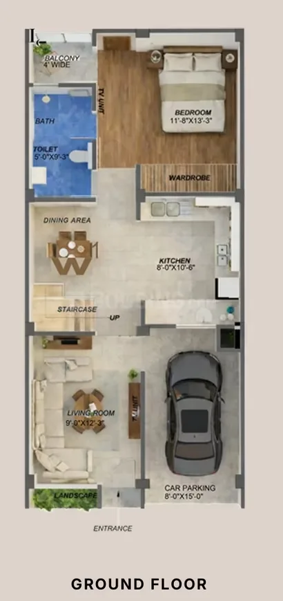 Root2Home Samridhhi Villas — Ground floor plan of a villa showing car parking, living room, kitchen, dining, bathroom, bedroom, balcony.