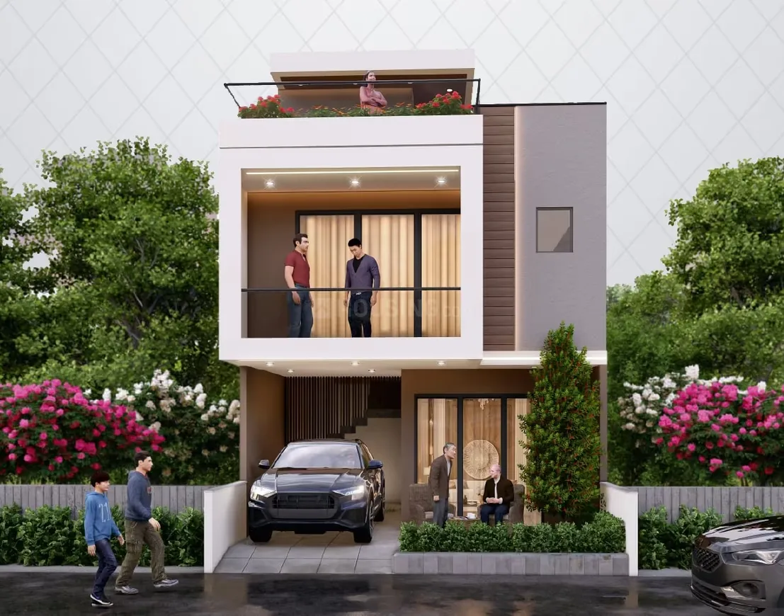 Ashoka Raj Villas — A modern three-story villa render with a black car in the driveway and people on the balconies and outside.