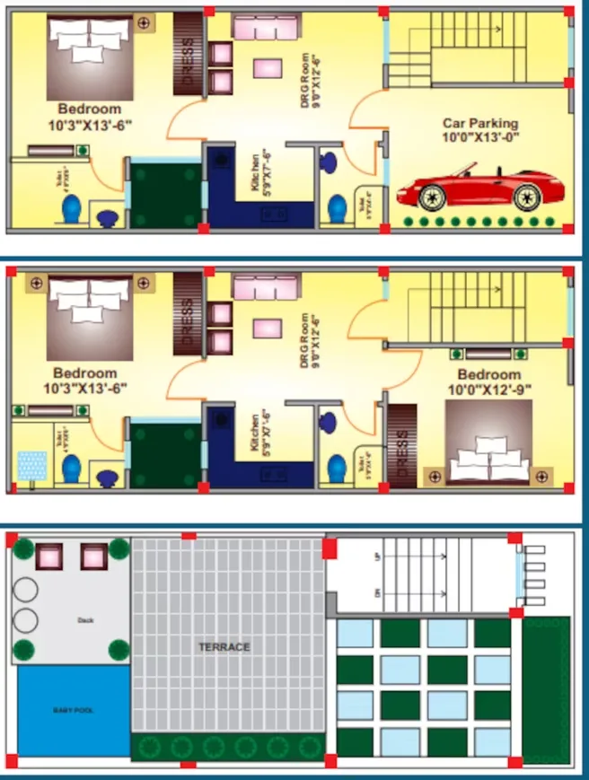Sanskriti Garden Villas — Floor plan showing three levels: ground floor with parking, first floor with bedroom, and a terrace on the second floor.