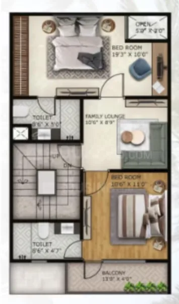 Paradise Palm Villa — Floor plan rendering showing two bedrooms, family lounge, two toilets, balcony, and a staircase.