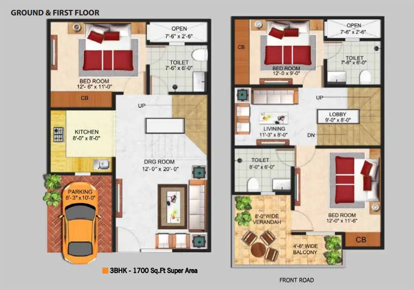 Sindhuja Greens 3 BHK 1700 sq ft villa floor plan across ground and first floor