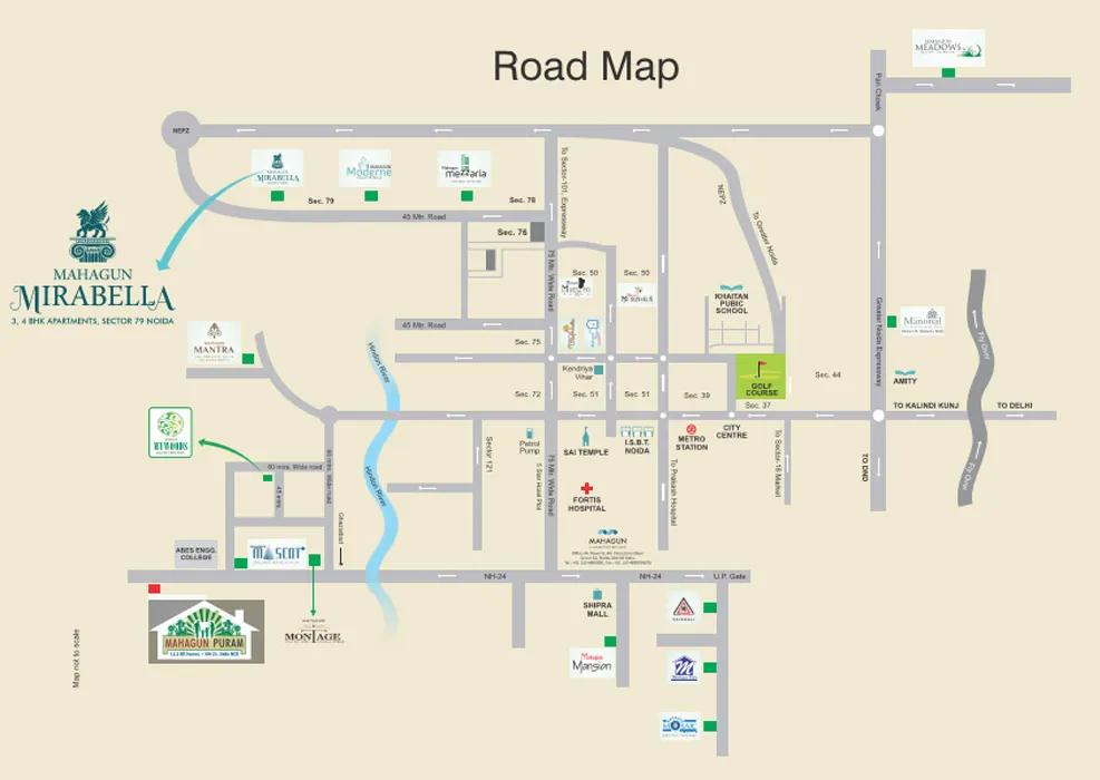 Mahagun Mirabella location map at Sector 79 Noida with expressway, FNG and Sector 76 metro linkages.