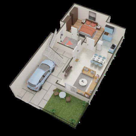 Divine Villas — 3D render of a residential villa floor plan, showing a living room, dining area, kitchen, bedroom, and car parking.