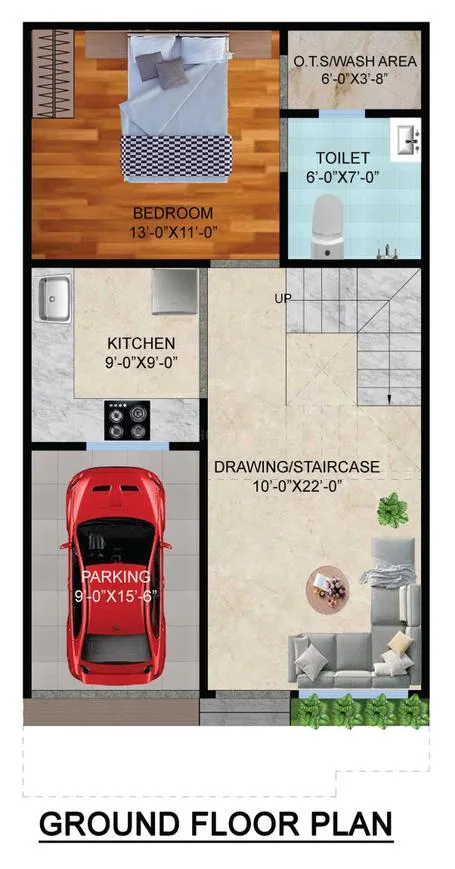 Jamston Metro Villas — Ground floor plan showing bedroom, toilet, kitchen, parking, and drawing/staircase with dimensions