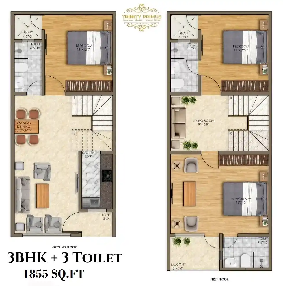 Trinity Primus 3 BHK 1855 sq ft villa floor plan, ground and first floor