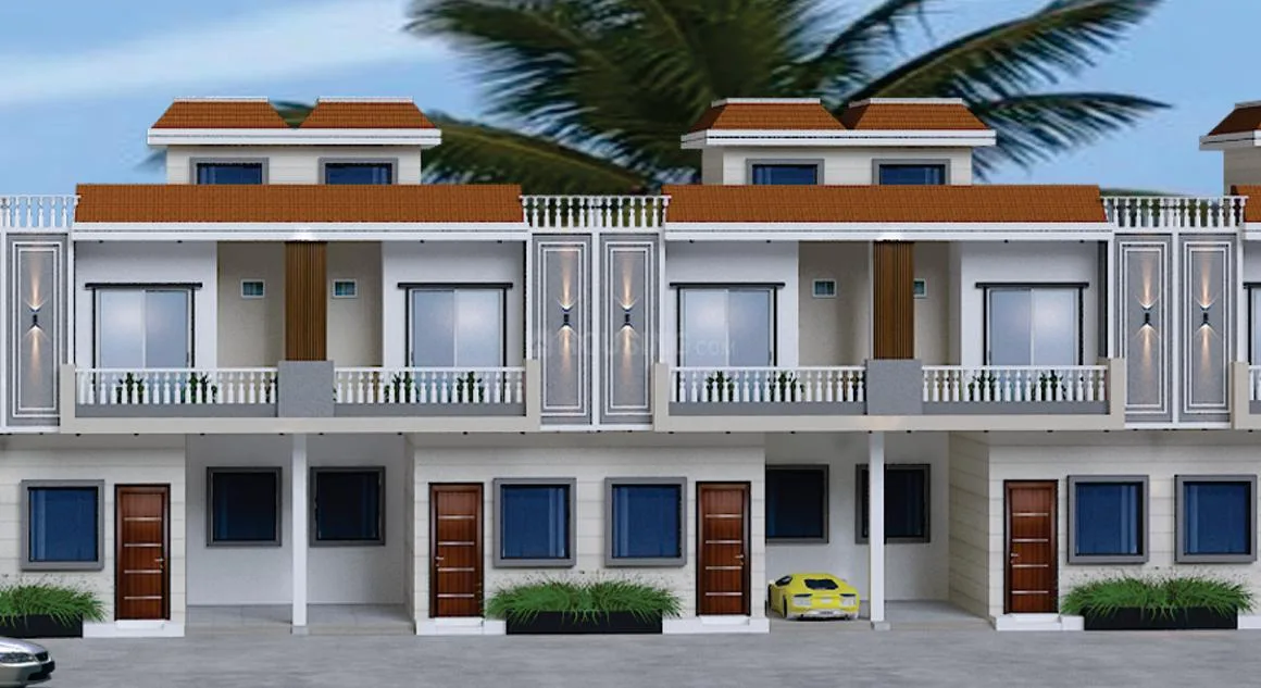 Jamston Metro Villas — A 3D render of a row of modern residential villas with brown roofs and white facades.