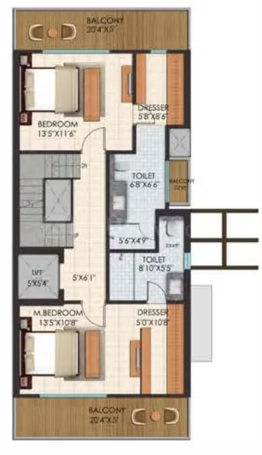 Sunrise Suntwilight Recreational Phase 1 — Floor plan showing two bedrooms with attached toilets and dresser areas, and two balconies.