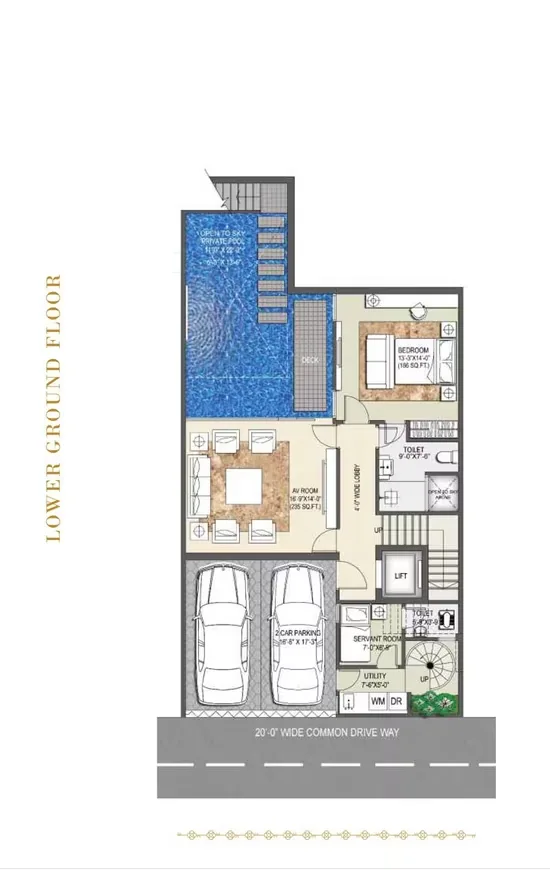 Rise Resort Residence Villa — Lower ground floor plan featuring parking, AV room, bedroom, toilets, lift, utility, and a private pool.