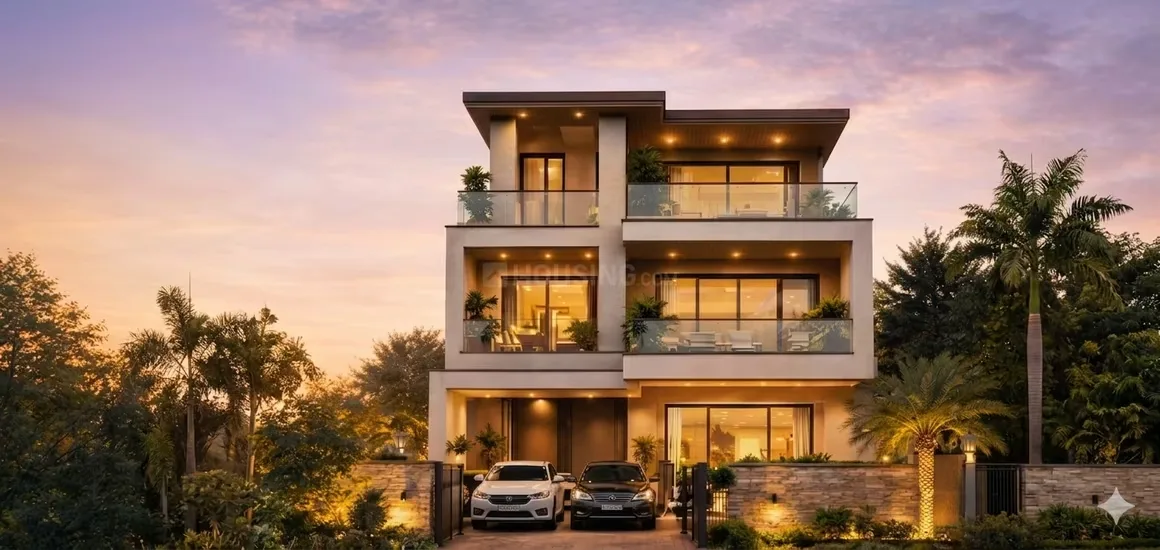 CNR Aurelia Estate Villas — Modern 3-story villa with balconies, large windows, and a driveway with two cars at sunset.