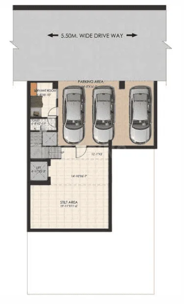 Sunrise Suntwilight Recreational Phase 1 — Floor plan showing a parking area for three cars, a servant's room, toilet, and a stilt area.