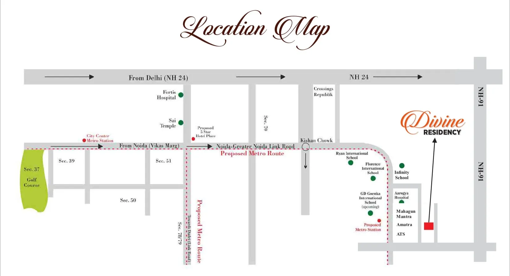 Divine Residency location map with NH-24, NH-91, Kishan Chowk and neighbouring schools
