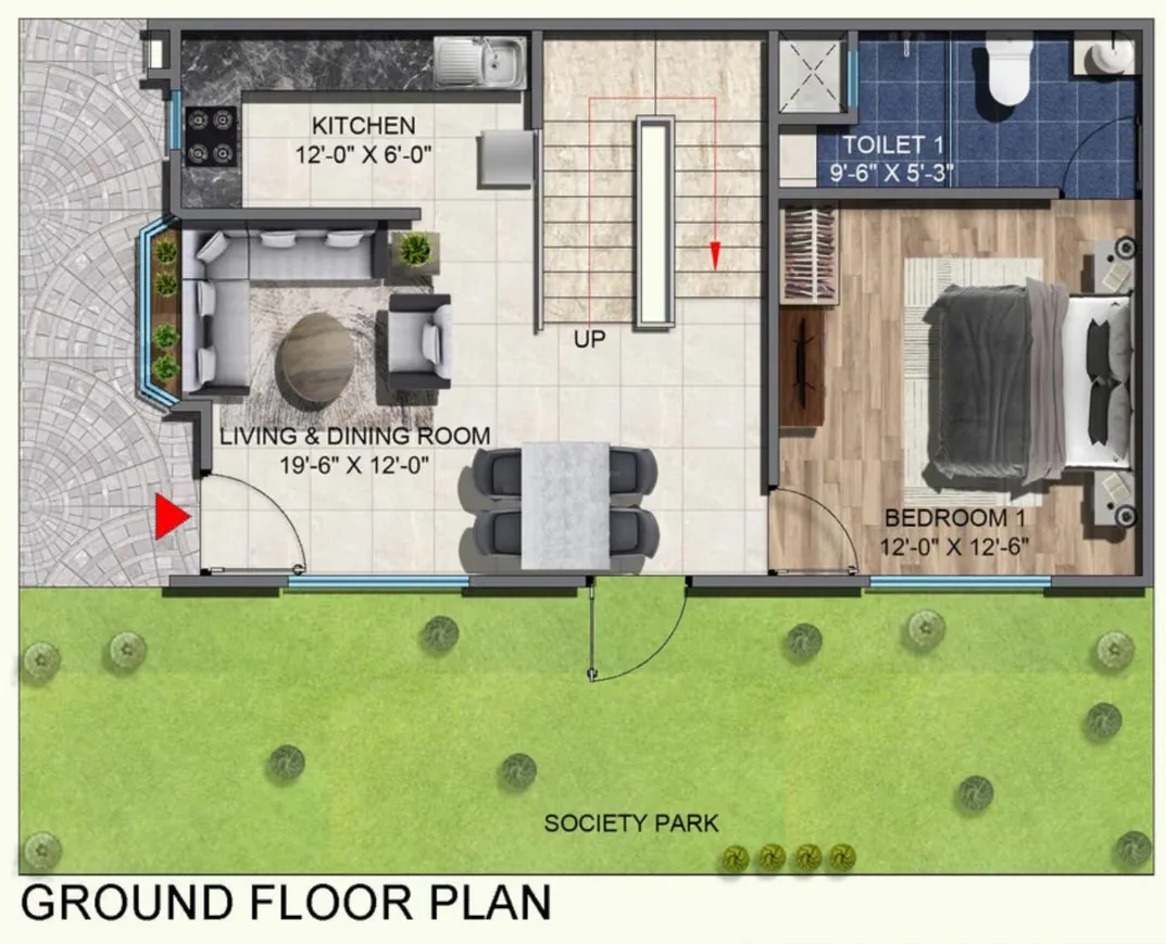 Rohin City Site Villa — Ground floor plan showing a kitchen, living and dining room, a bedroom and a toilet.