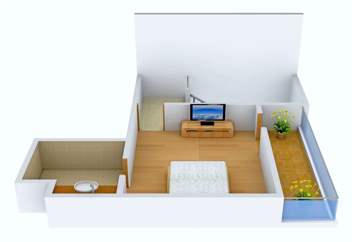 Supertech Holiday Village — A 3D floorplan rendering shows a bedroom with a bed, TV, small attached bathroom, and a narrow balcony.