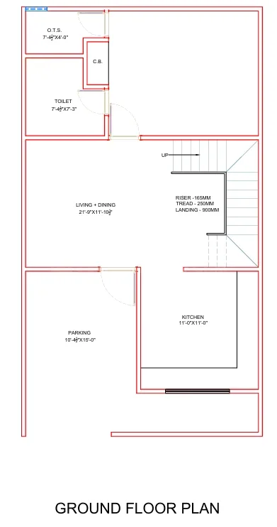 Essential Lotus Green 2 — Ground floor plan showing living, dining, kitchen, toilet, parking, and stairs with dimensions