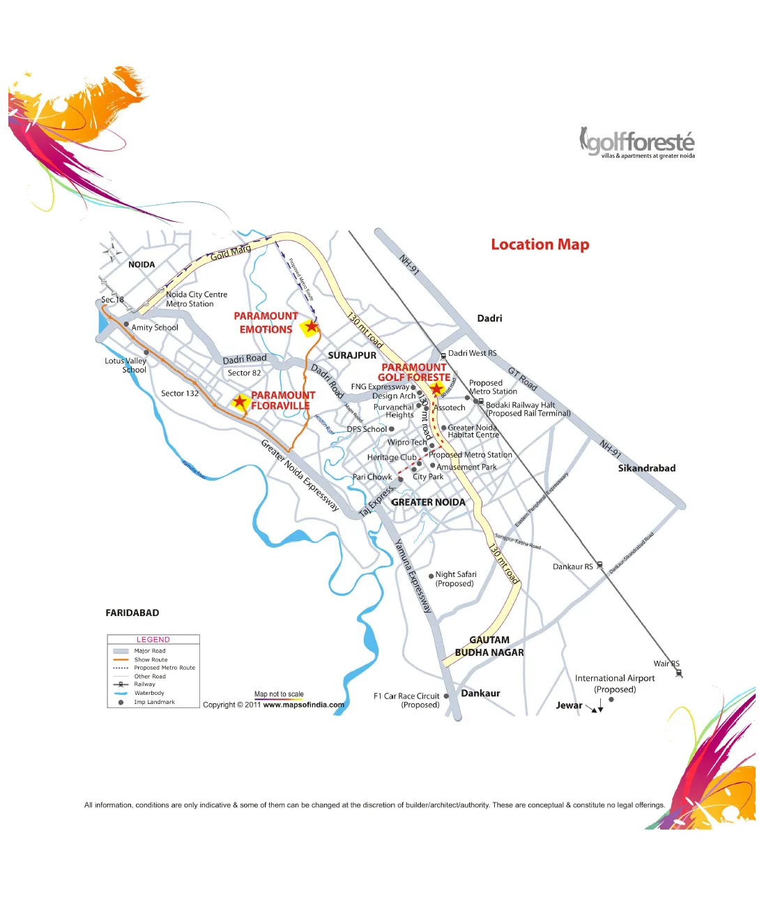 Paramount Golf Foreste location map, Greater Noida with Pari Chowk, expressway, university and metro linkages.