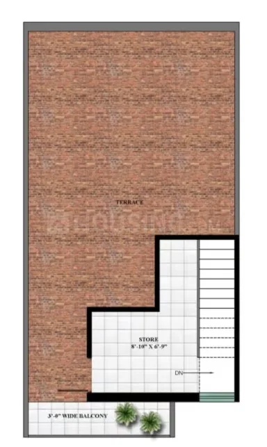 T3S Lavish Greens Villas — Floorplan showing a terrace area, a store room (8'10" x 6'9"), a staircase going down, and a 3'4" wide balcony.