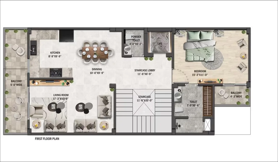 CNR Aurelia Estate Villas — First floor plan with dimensions for kitchen, dining, living room, bedroom, powder toilet, and toilet.