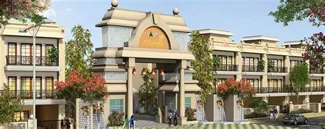 Gaur Yamuna City villa elevation render with domed entrance archway and villa row, Sector 22D Yamuna Expressway.
