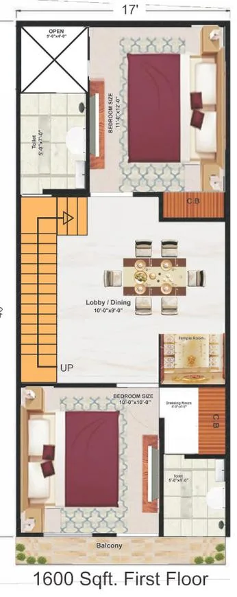 Golden Shri Ram Villas — Floorplan of a 1600 sqft first floor with two bedrooms, lobby/dining area, and two toilets.