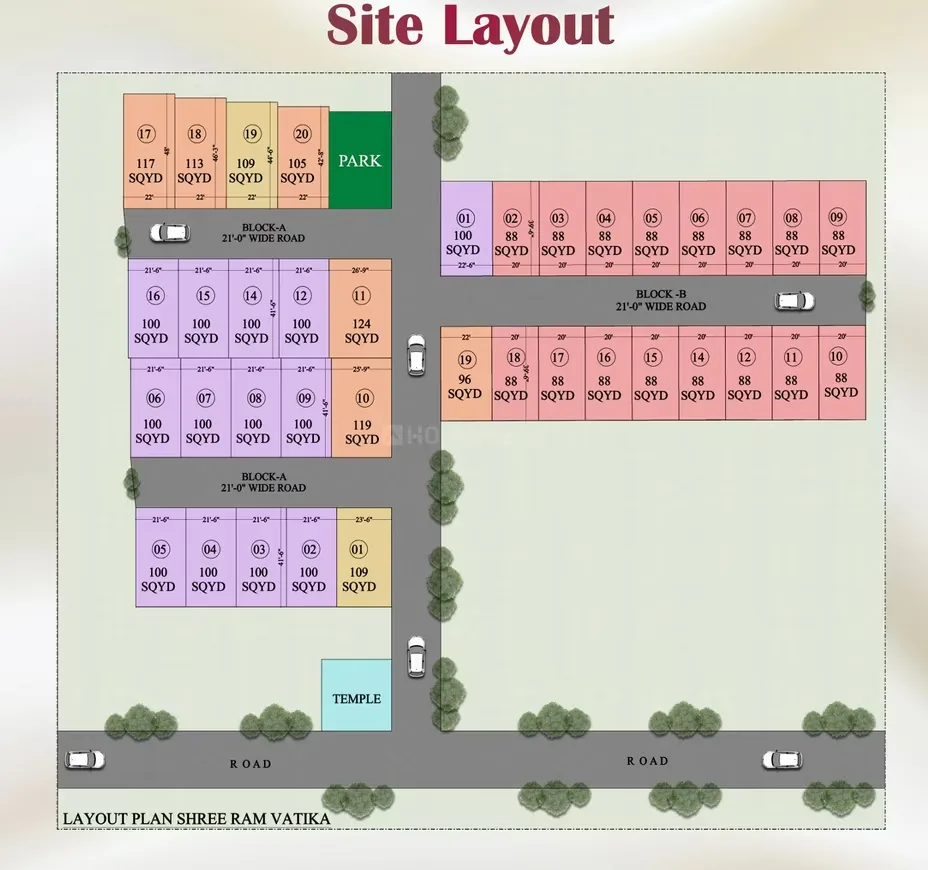 Paradise Shree Ram Vatika — Site layout plan showing plots, roads, park, and temple with "SHREE RAM VATIKA" project name.