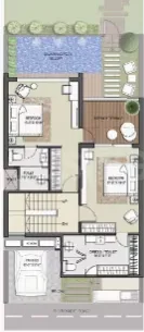 Rise Resort Residence Villa — Floor plan rendering of a villa showing a swimming pool, outdoor seating, two bedrooms, and a garage.