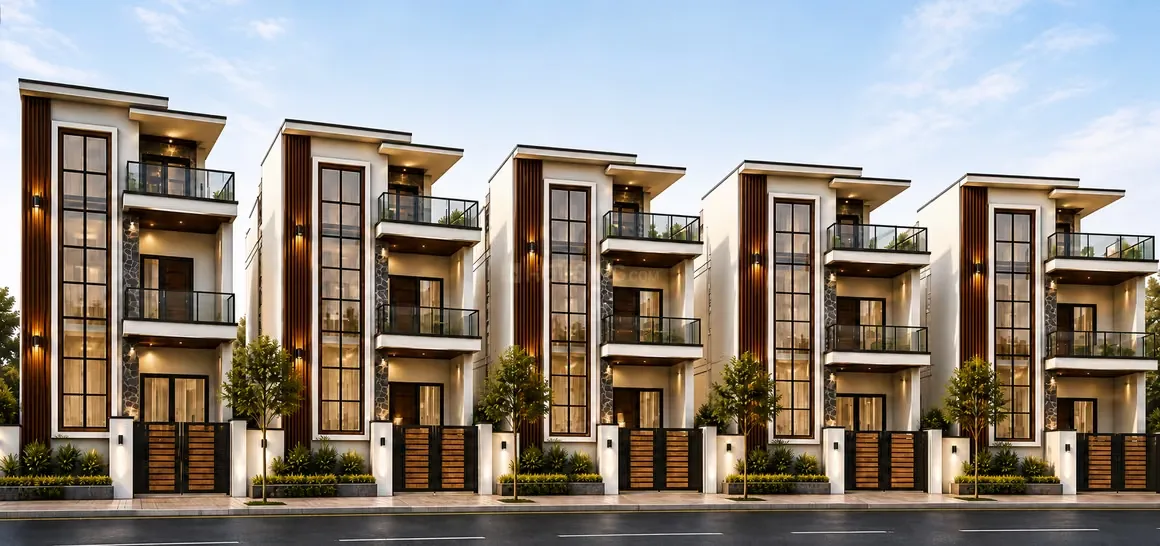CGS Villas — Row of modern three-story villas with white facades, dark wood accents, large windows, and balconies.