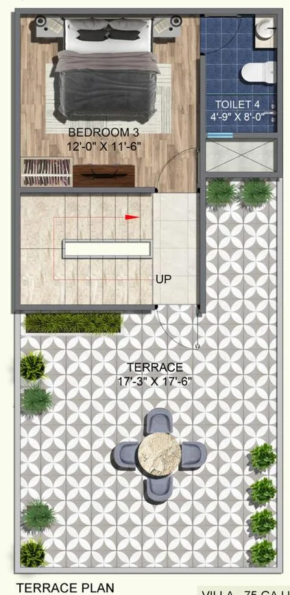 Rohin City Site Villa — Floor plan showing a bedroom, toilet, and terrace, labeled Bedroom 3, Toilet 4, and Terrace.
