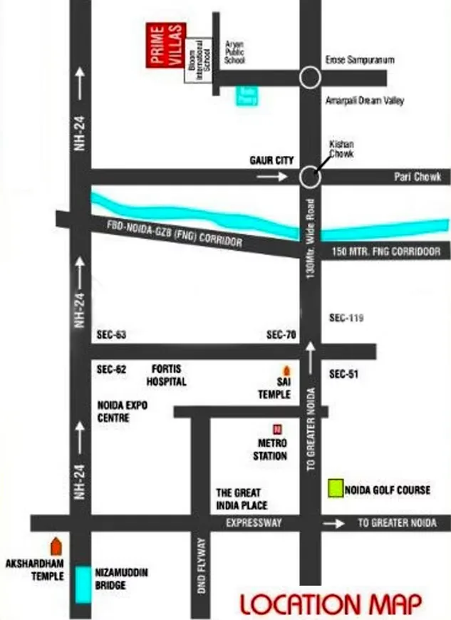 Global Prime Villas — A location map showing Prime Villas in relation to NH-24, Fortis Hospital, Noida Expo Centre, Metro Station, and Noida Golf Course.