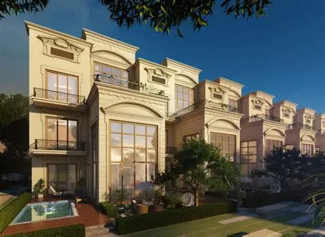 Mahagun Mirabella villa row elevation render with contemporary façade and forecourt parking, Sector 79 Noida.