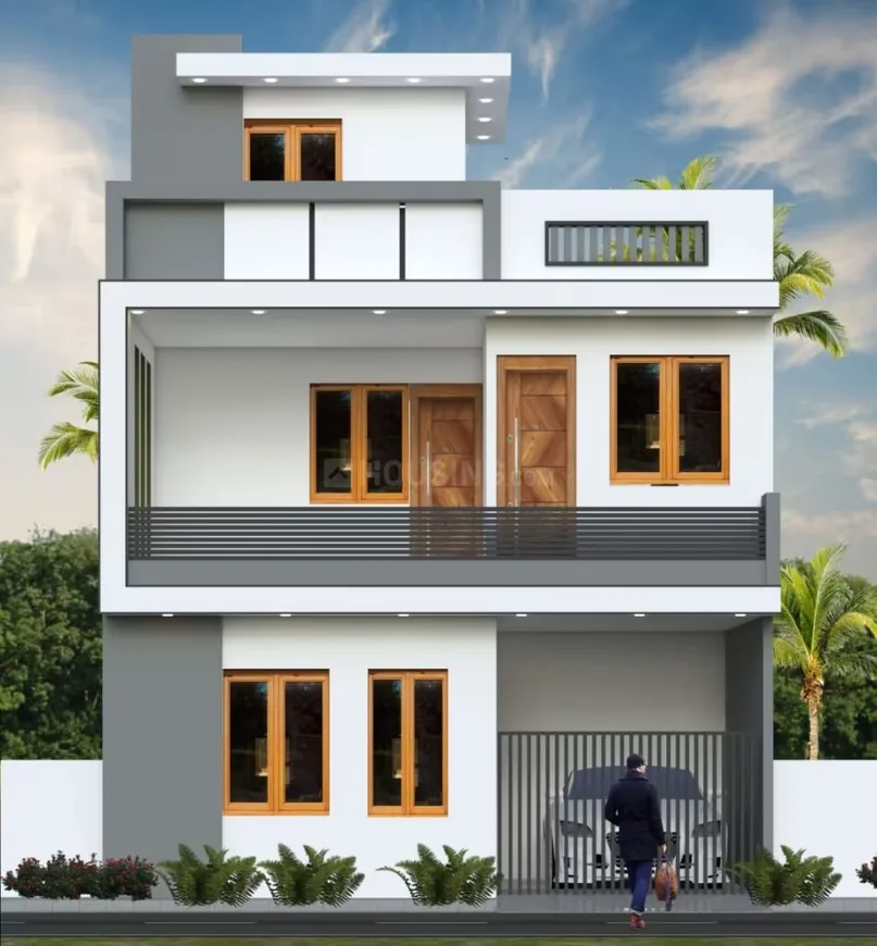 Primagic Onyx Abode — A modern render of a three-story house with a white and grey facade, wooden doors and windows, and a car parked inside a gate.