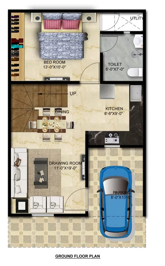 THV Vihaan Villa — Ground floor plan of a villa showing 1 bedroom, 1 toilet, dining, drawing room, kitchen, and parking area.