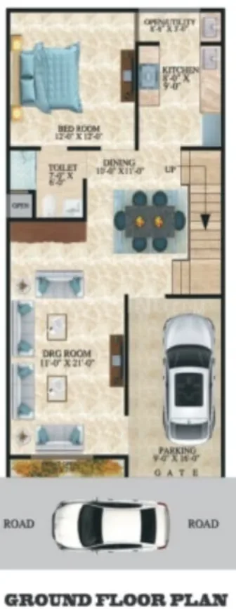 Shivi Paradise Green Villa 2 — Ground floor plan drawing showing bedroom, kitchen, dining, toilet, drawing room, and parking spaces.