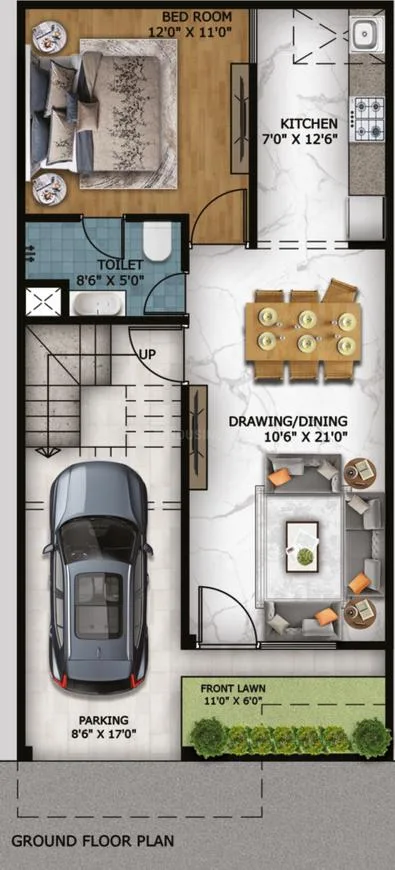 Ashoka Raj Villas — Ground floor plan with bedroom, kitchen, toilet, drawing/dining, parking, and front lawn with dimensions.