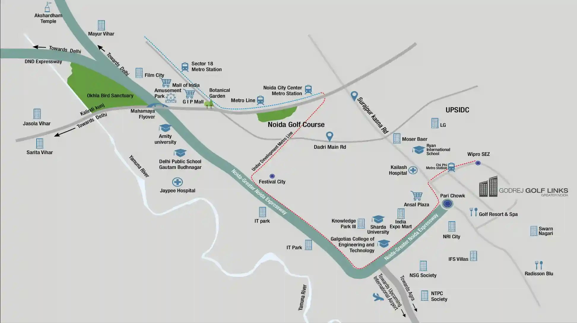 Godrej Crest location map at Godrej Golf Links, Greater Noida near Pari Chowk.