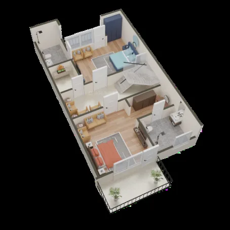 Amrapali Dream Valley — Top-down 3D render of an apartment layout with two bedrooms, two bathrooms, living areas, and a balcony.