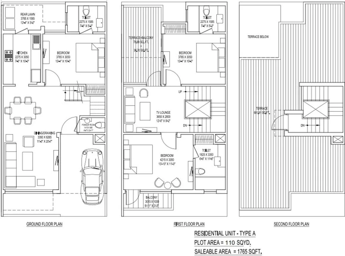 Intellicity Phase I — Floorplan of a residential unit showing ground, first, and second levels with dimensions and room labels.