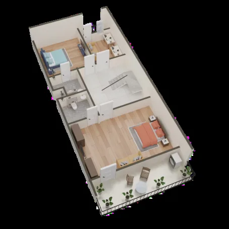 Shivi Paradise Green Villa 2 — 3D render of a two-story floor plan showing two bedrooms, bathrooms, a living area, and a balcony.