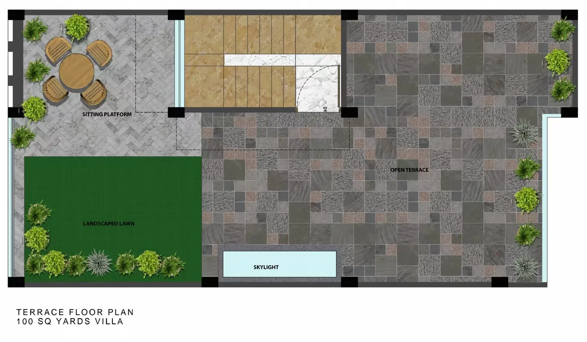 Escon Panache Villas — Floor plan of a villa terrace showing a sitting platform, landscaped lawn, open terrace, and skylight.