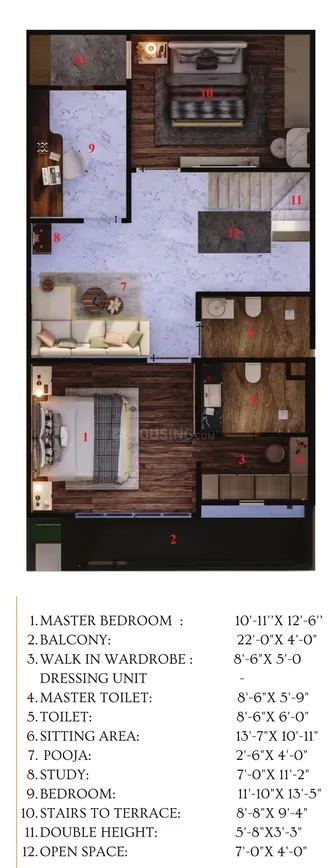 Green Villa 1 — Floor plan rendering showing master bedroom, balcony, walk-in wardrobe, master toilet, sitting area, pooja, study, bedroom, stairs to terrace, double height and open space with dimensi